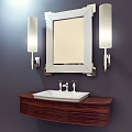 Modern Bathroom Washbasin With Wooden Countertop Mirror And Wall Sconces On Dark Wall