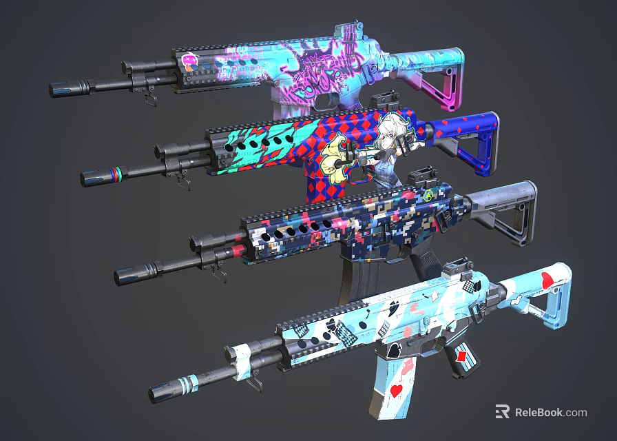 Stylish Colorful Rifles Featuring Various Creative Graphic Patterns And Decorative Designs 3d model 