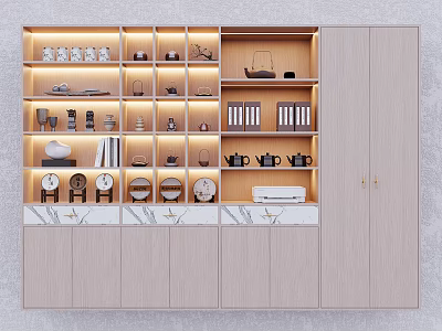 Modern Wooden Tea Cabinet With Marble Countertop And Shelves For Teaware Books And Decor 3d model