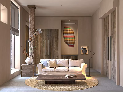 Warm Hotel Public Lounge With Beige Sofa Wooden Coffee Table Round Rug And Floor Lamp 3d model