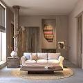 Warm Hotel Public Lounge With Beige Sofa Wooden Coffee Table Round Rug And Floor Lamp