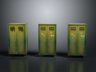 Three Green Vintage Industrial Style Cabinets With Rusty Surfaces And Graffiti 3d model