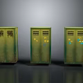 Three Green Vintage Industrial Style Cabinets With Rusty Surfaces And Graffiti