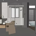 Modern Bathroom Interior With Concrete Walls Glass Shower Enclosure Vanity Chair Window And Tub