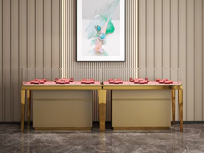Golden Display Shelves with Glass Top and Red Items Light Wall Marble Floor 3d model