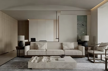 Quiet ancient home living room black and white gray living room no main lamp living room advanced gray living room ancient style living room sofa coffee table combination 3d model