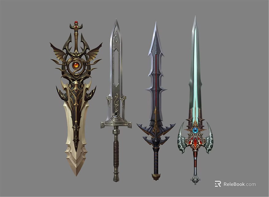 Four Fantasy Decorative Swords With Ornate Hilts Mythical Designs And Colorful Accents 3d model 
