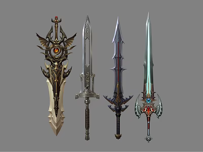Four Fantasy Decorative Swords With Ornate Hilts Mythical Designs And Colorful Accents 3d model