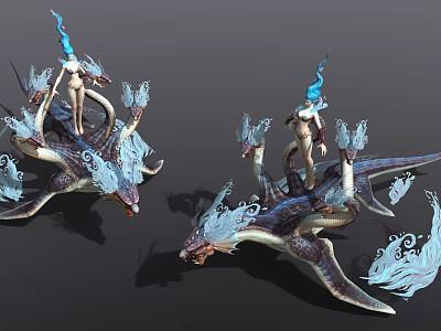 Game Movie Character Blue Haired Female Riding Multi Headed Dragon With Blue Flame Effects 3d model