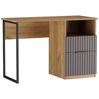 Modern Oak Wooden Desk With Black Metal Frame And Gray Striped Drawers 3d model