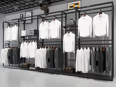 Clothing Display Shelves with Hanging White Dark Shirts Jackets and Folded Clothes 3d model
