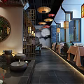 Traditional Chinese Restaurant Interior With Round Window Lanterns Wooden Lattice And Rockery Decor