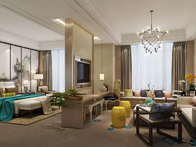 Modern Hotel Room Interior With Comfortable Sofa Bed Chandelier And Decorative Plants 3d model