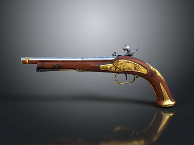 Vintage Flintlock Pistol With Wooden Grip Gold Accents And Metal Barrel 3d model