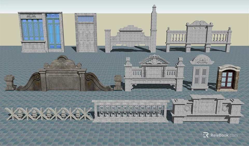 Decorative Feature Wall Designs with Stone Carvings and Ornamental Structures 3d model