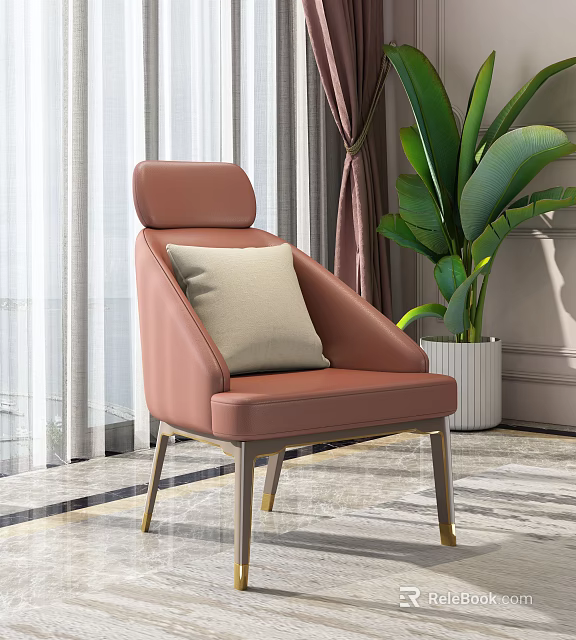 Elegant Modern Pink Leather Leisure Chair With Beige Cushion And Metal Legs Near Green Plant 3d model 