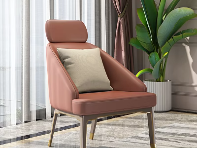 Elegant Modern Pink Leather Leisure Chair With Beige Cushion And Metal Legs Near Green Plant 3d model