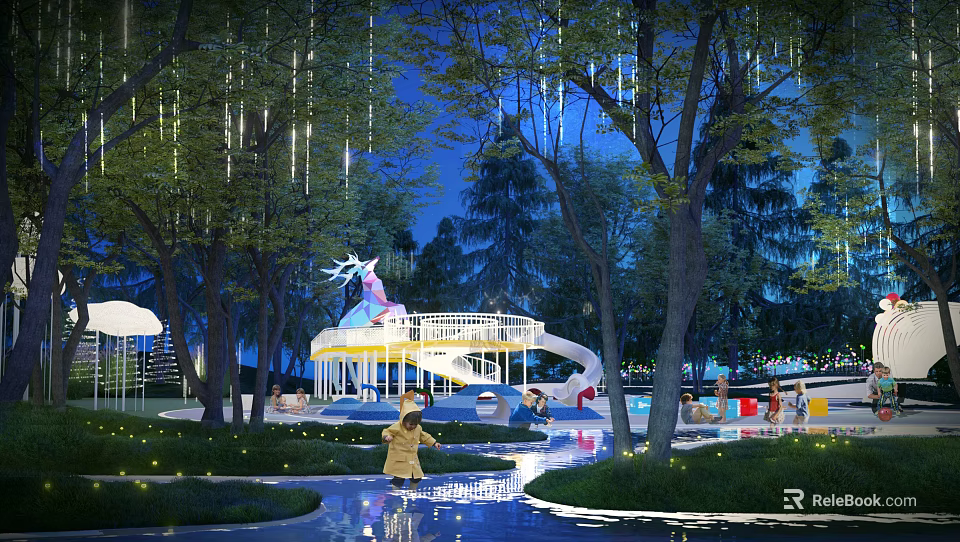 Enchanting Children's Play Area With Slide Trees Water Stream And Decorative Lights At Night 3d model 