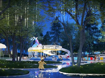 Enchanting Children's Play Area With Slide Trees Water Stream And Decorative Lights At Night 3d model