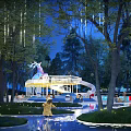 Enchanting Children's Play Area With Slide Trees Water Stream And Decorative Lights At Night