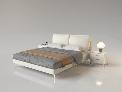 Modern Double Bed With White Headboard Gray Bedding Brown Throw And Nightstand Lamps 3d model
