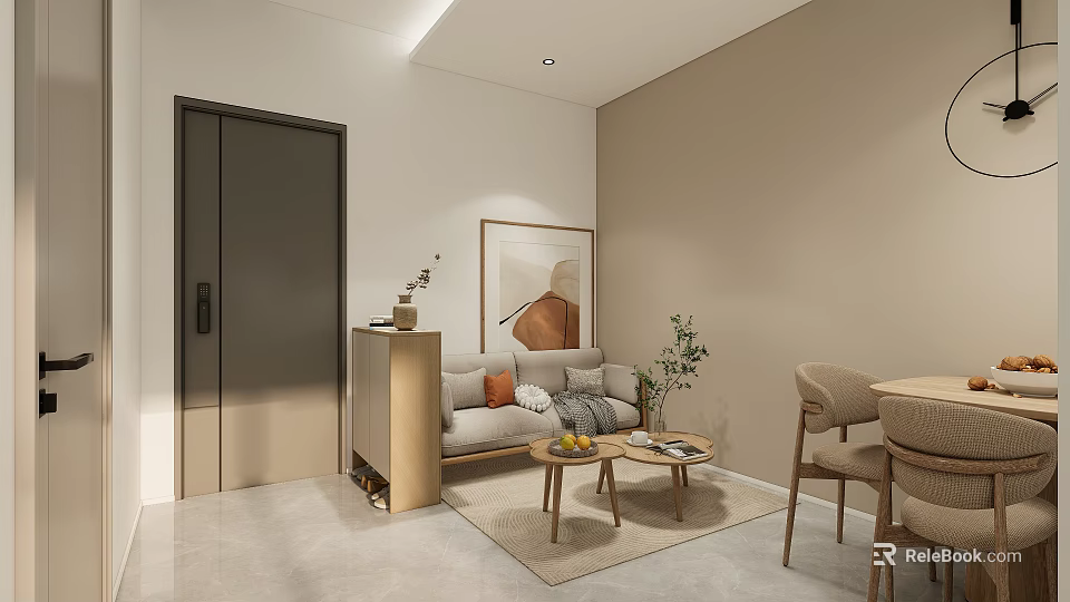 Modern Apartment Interior With Light Walls Sofa Coffee Table Decorative Painting And Dining Chairs 3d model 