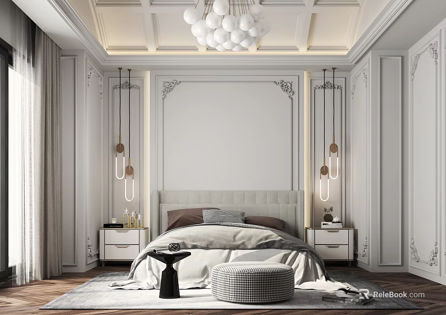 Elegant Bedroom Interior With Decorative Ceiling Chandelier And Upholstered Headboard 3d model 