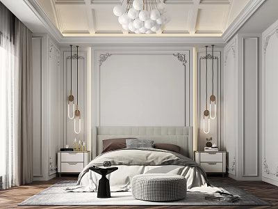 Elegant Bedroom Interior With Decorative Ceiling Chandelier And Upholstered Headboard 3d model
