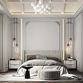 Elegant Bedroom Interior With Decorative Ceiling Chandelier And Upholstered Headboard