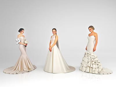 Three Women Modeling Elegant Wedding Dresses in Different Styles and Designs 3d model