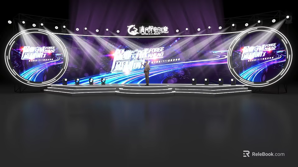 Modern Stage Design With Purple Lighting Effects Large Screens And Performer 3d model 