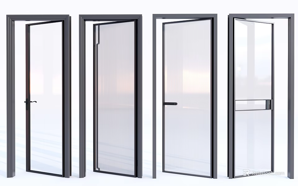 Modern Glass Doors With Black Frames And Various Transparent Panel Designs 3d model
