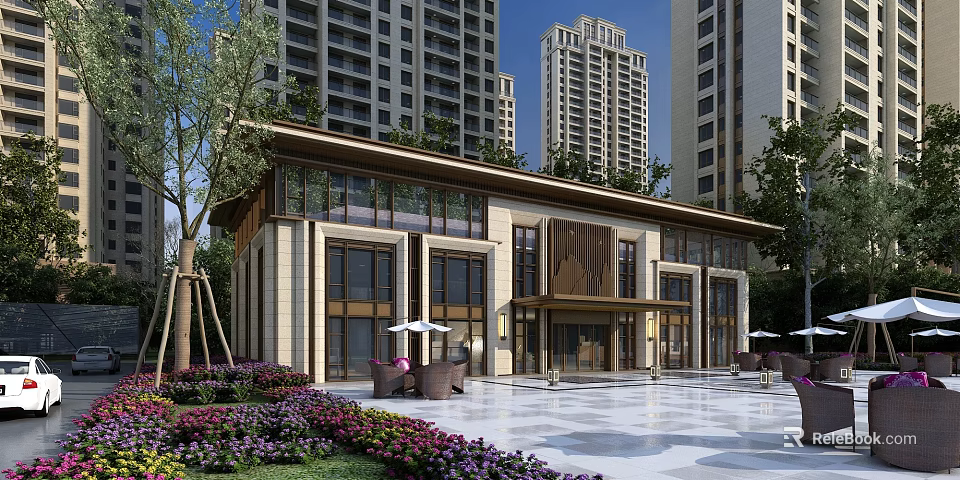 Modern High Rise Residential Building With Stone Exterior Landscaped Greenery And Outdoor Square 3d model 