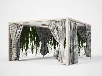 Wooden Frame Landscape Pavilion With Checkered Curtains And Hanging Green Vines 3d model