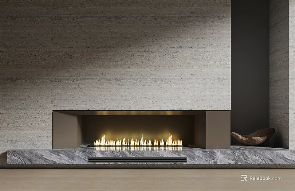 Modern Fireplace Design With Stone Wall Backdrop And Marble Base Burning Flames 3d model