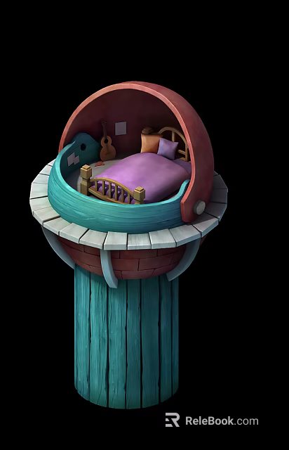Cartoon Tower Bedroom With Purple Blanket Bed Guitar And Blue Column On Round Balcony 3d model 