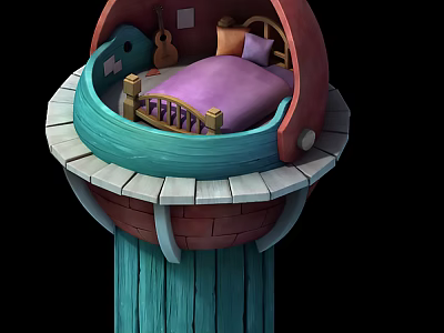 Cartoon Tower Bedroom With Purple Blanket Bed Guitar And Blue Column On Round Balcony 3d model