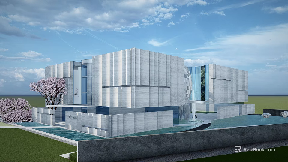 Modern Sales Office Building Exterior with Glass Facade Pink Flowering Tree and Water Feature 3d model 