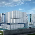 Modern Sales Office Building Exterior with Glass Facade Pink Flowering Tree and Water Feature