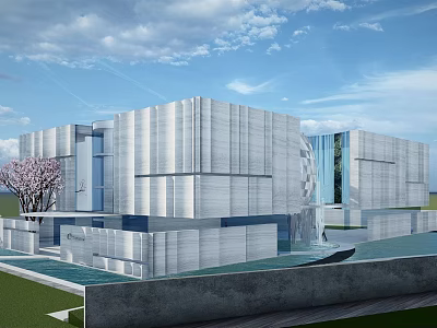 Modern Sales Office Building Exterior with Glass Facade Pink Flowering Tree and Water Feature 3d model