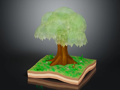 Tree With Green Leaves And Brown Trunk On Grass Patch With Small Flowers 3d model