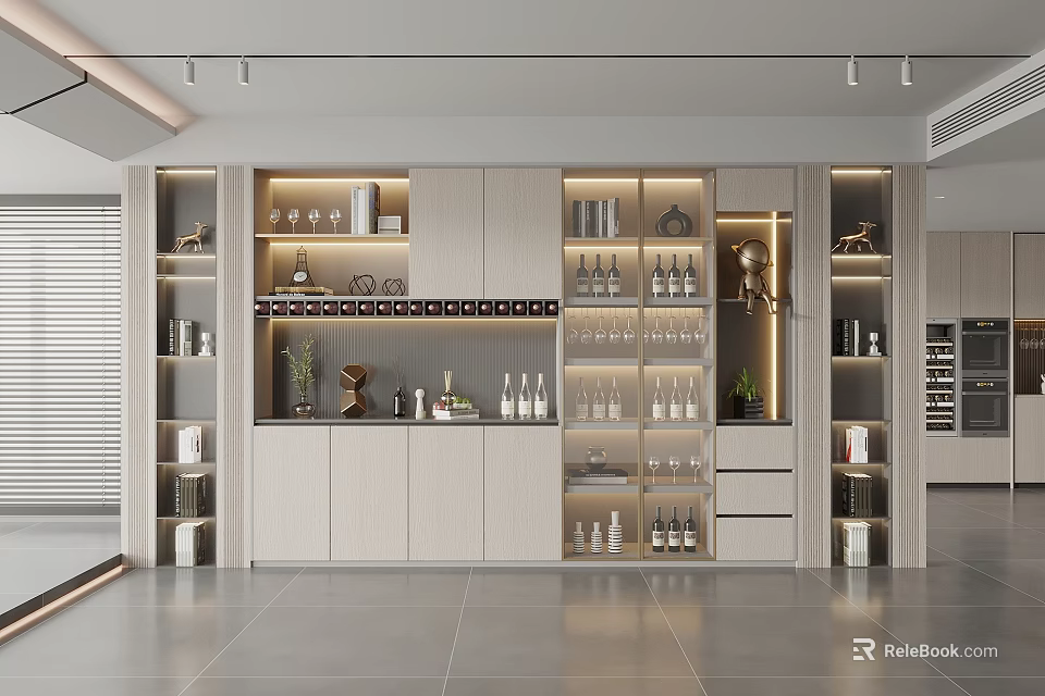 Modern Luxury Open Wine Cabinet With LED Lights Glass Doors And Multiple Storage Shelves 3d model 