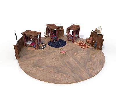 Traditional Wooden Furniture Layout With Bed Chairs Cabinet And Rugs On Circular Wooden Floor 3d model