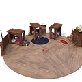 Traditional Wooden Furniture Layout With Bed Chairs Cabinet And Rugs On Circular Wooden Floor