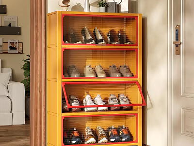 Yellow Entryway Shoe Cabinet With Multiple Shelves Storing Various Shoes 3d model