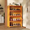 Yellow Entryway Shoe Cabinet With Multiple Shelves Storing Various Shoes