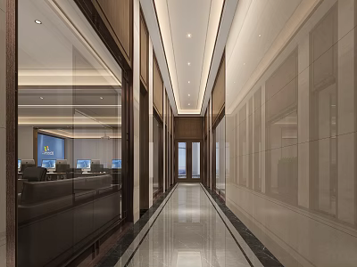 Modern Office Corridor Interior With Glass Partitions Marble Flooring And Ceiling Lighting 3d model