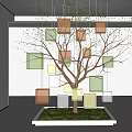 Indoor Landscape Art Installation With Tree Branches Colorful Squares Orange Green Yellow And Grass Lawn