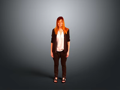 Woman with red hair in black blazer white shirt dark pants sandals against gray background 3d model
