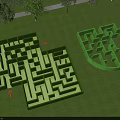 Outdoor Green Lawn Maze Play Equipment With Square Shield Shapes And Path Arrows